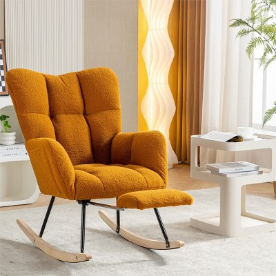 Bouclé Upholstered Rocking Chair with Adjustable Leg Rest, High Back Nursery Lounge Chair with Wood Legs – Maison Boucle