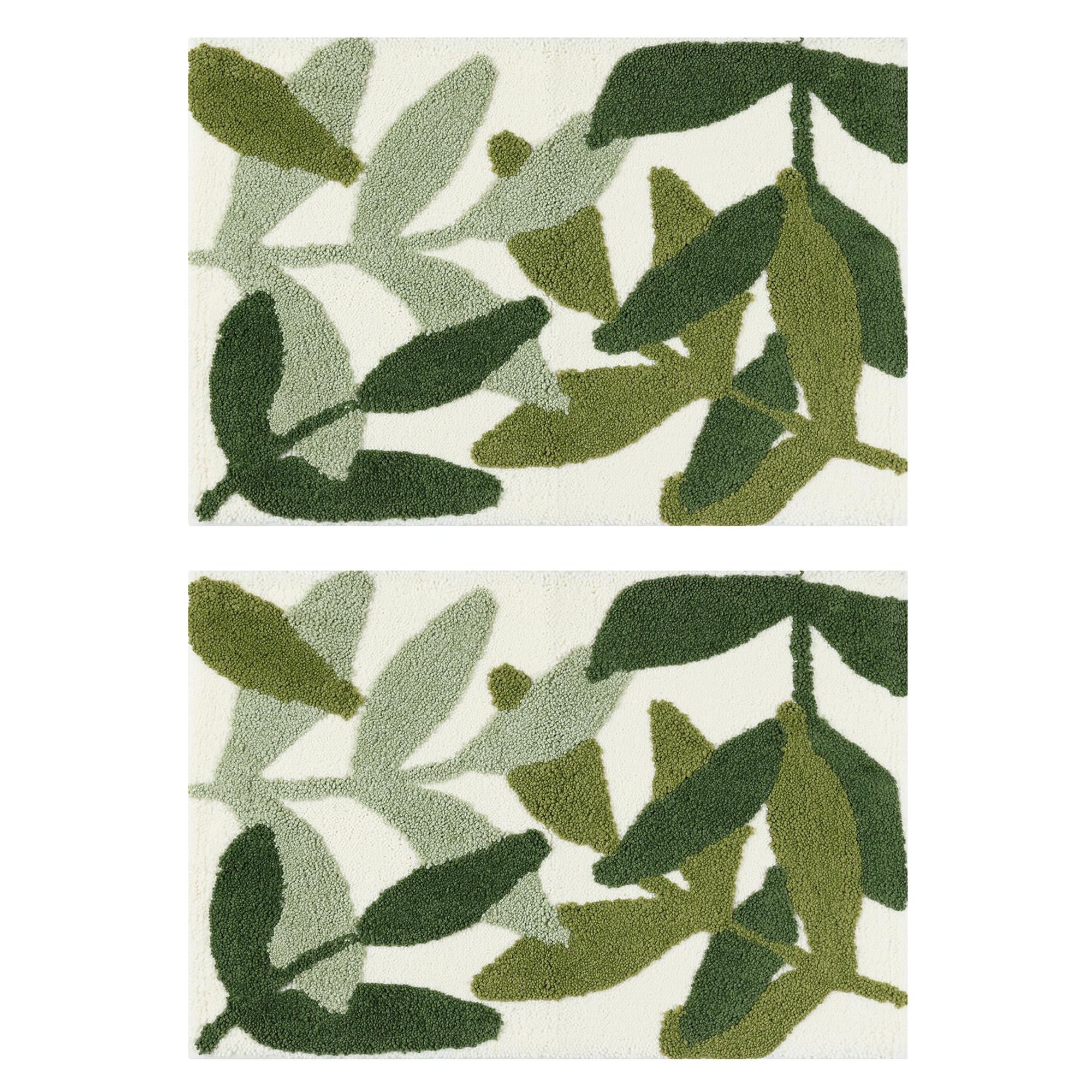 Unique Bargains Soft Non-Slip Microfiber Plush & Fluffy Reversible Quick Dry Bathroom Mats Set 2 Pcs Leaf-1 18" x 26"