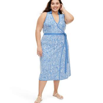 Women's Collared Sleeveless Sea Twig Blue Sweaterknit Midi Wrap Dress - DVF for Target