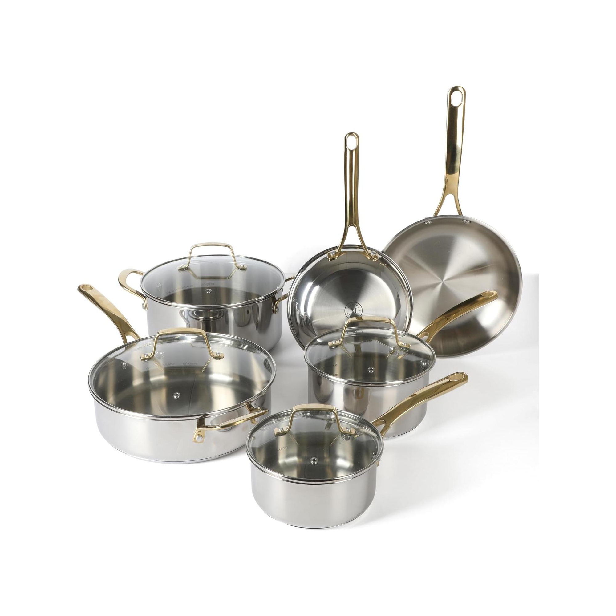 Martha Stewart Castelle 10 Piece Stainless Steel Induction Safe Pots and Pans Non-Toxic Kitchen Cookware Set