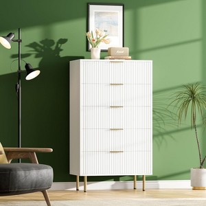 Fluted Wood 5 Drawers Dresser for Bedroom, Modern Chest of Drawers, Tall Dresser with Gold Handle - 1 of 4