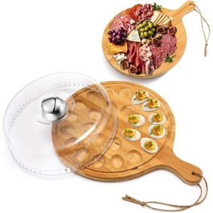 Easter Deviled Egg Platter with Lid, Bamboo Wood 24-Hole Round Tray & Reversible Charcuterie Board - 1 of 4
