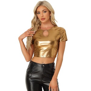 INSPIRE CHIC Women's Keyhole Metallic Short Sleeve Party Shiny Holographic Crop Top - 1 of 4