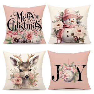 Pink Christmas Pillow Covers 18x18 Set of 4 Farmhouse Xmas Decorations Snowman Deer Joy Floral - 1 of 4