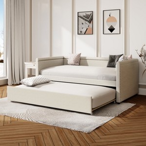 Twin Size Daybed, Upholstered Platform Bed Frame with Twin Size Trundle Bed -Frevyn - 1 of 4