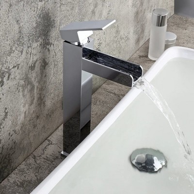 Munora Chrome Single Handle Waterfall Bathroom Vessel Sink Faucet, Solid Brass Modern Design