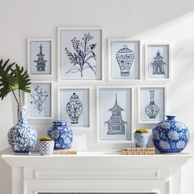 Traditional Blue and White Chinoiserie Print Set with Wood Frames