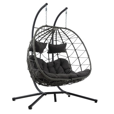 NicBex 2-Seat Indoor Outdoor Wicker Hanging Egg Chair with Cushion and Stand for Patio Bedroom Porch Garden