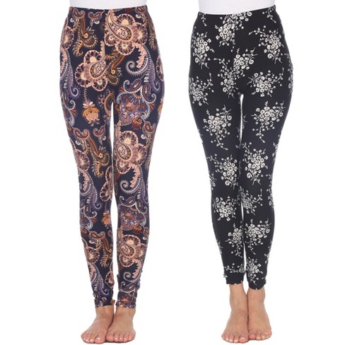 Women's Pack of 2 Leggings Purple/Gold, Black/White Paisley One Size Fits  Most - White Mark