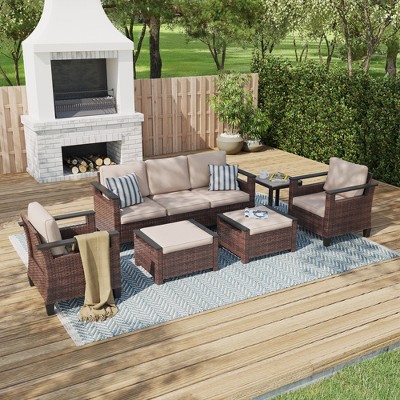 Sonkuki 6 Pieces Patio Sofa & Ottomans & Chair & Coffee Table Set, Conversation Couch with Sand Cushion