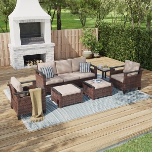 Sonkuki 6 Pieces Patio Sofa & Ottomans & Chair & Coffee Table Set, Conversation Couch with Sand Cushion - 1 of 4