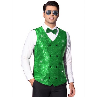 Lars Amadeus Men's V-Neck Slim Fit Double-Breasted Party Disco Prom Nightclub Sleeveless Sequin Vest