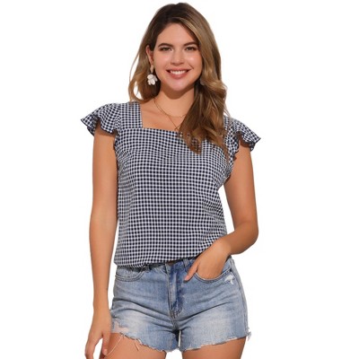 INSPIRE CHIC Women's Summer Gingham Square Neck Ruffle Sleeve Blouse