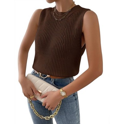 Women's Slit Hem Sleeveless Round Neck Knitted Sweater Vest Tank Top