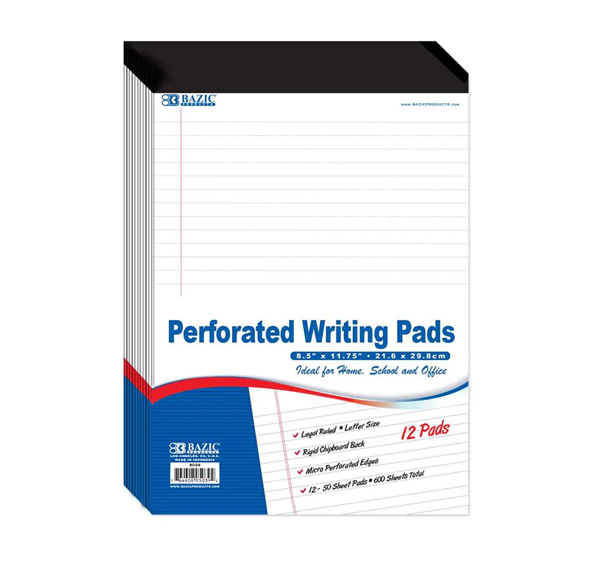 BAZIC Products® Perforated Writing Pads, 8.5" x 11.75", White, 50 Sheets, Pack of 12