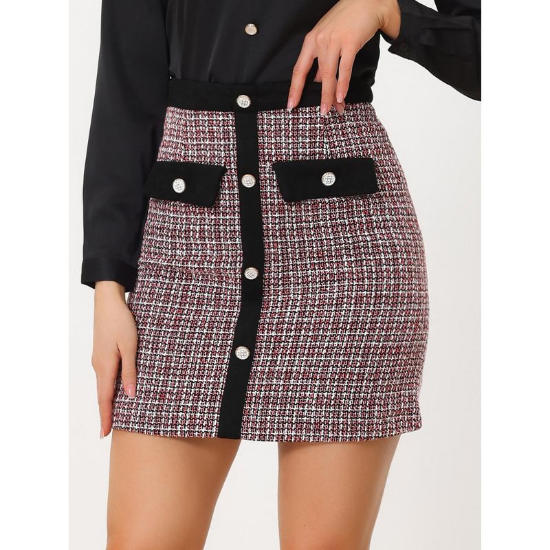 Allegra K Women's Plaid Tweed Contrast Color Button Decor Business Casual Mini Skirt, 2 of 6