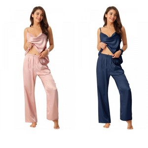 INSPIRE CHIC Women's 4 Pcs Satin Sleepwear Cowl-Neck Cami & Long-Pant Silky Loungewear Set - 1 of 4