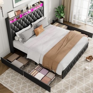 Bed Frame with Tall Headboard, USB Charging Station & Led Lights Platform Velvet Upholstered Bed with 4 Storage Drawers No Box Spring Needed - 1 of 4