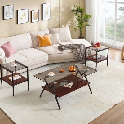 NicBex Modern Rectangle Coffee Table Set of 3 with Glass Top and MDF Layer for Living Room