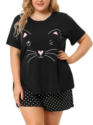 Agnes Orinda Women's Plus Size Comfort Cute Cat Print Short Sleeve Pajama Set