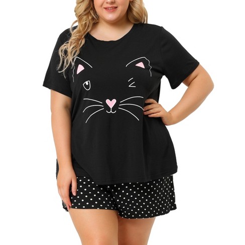 Agnes Orinda Women's Plus Size Comfort Cute Cat Print Short Sleeve Pajama  Set Black 1X