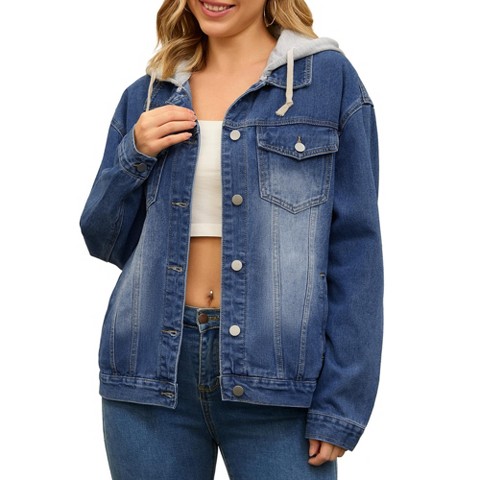 INSPIRE CHIC Women's Long Sleeve Button Down Detachable Hoodie Jean Jacket X-Large Dark Blue