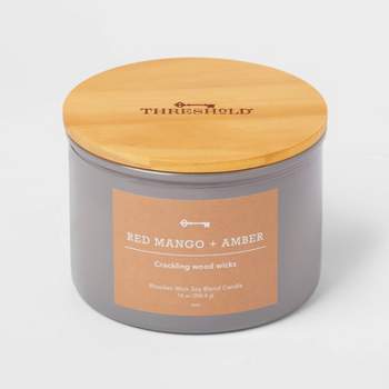 14oz Lidded Gray Glass Jar Crackling Wooden 3-Wick Candle with Paper Label Red Mango + Amber - Threshold™