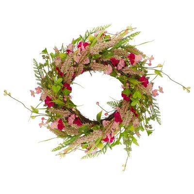 Northlight Spring Floral Foliage and Berry Twig Wreath, Pink 21"