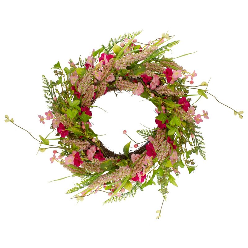 Northlight Spring Floral Foliage and Berry Twig Wreath, Pink 21", 1 of 6