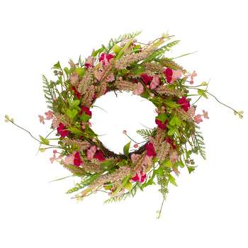 Northlight Spring Floral Foliage and Berry Twig Wreath, Pink 21"
