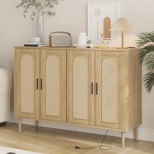 4-Door Rattan Sideboard - Coffee Bar w/Power Outlet & Adjustable Shelves for Kitchen/Dining Room - 1 of 4