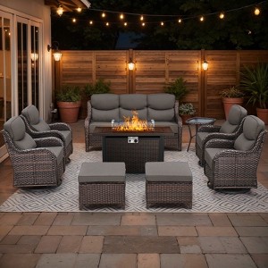 Belord All Weather Wicker Patio Furniture Set with Firepit Table, 9 Pieces 6-INCH Extra Thick Cushion Patio Furniture Set with 4 Swivel Patio Chairs - 1 of 4