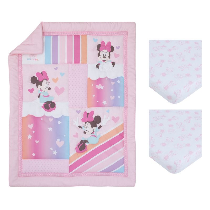 Disney Minnie Mouse Be Happy Pink Rainbow, Stars, and Clouds 3 Piece Nursery Mini Crib Bedding Set - Comforter and Two Fitted Mini Crib Sheets, 4 of 6