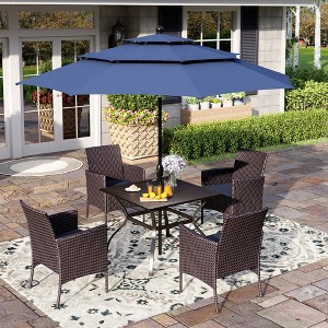 Captiva Designs 6pc Patio Slat-top Black Dining Table & Crescent Arm Rattan Chairs & Market Umbrella - 1 of 4