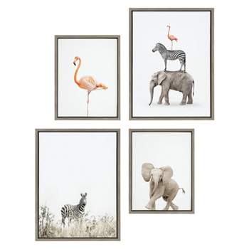 Kate & Laurel All Things Decor (Set of 4) Sylvie Zebra in Tall Grass Flamingo Standing Baby Elephant Walk Wall Art Set by Amy Peterson