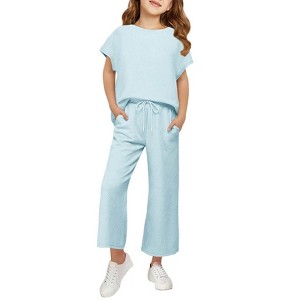 Mocamel Girl's Sports Simple Texture Casual Round Neck Short Sleeves and Loose Pant 2 piece Set - 1 of 4
