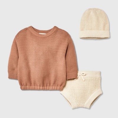 Grayson Collective Baby Beanie & Sweater Set - Cream/Brown Newborn