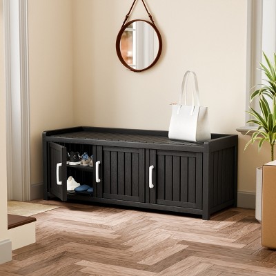 Syemin Shoe Racks Shoe Storage Cabinet Waterproof UV-Resistant Entryway Storage Bench Indoor Outdoor Shoe Organizer, Black, 46.85"*17.32"*17.91"