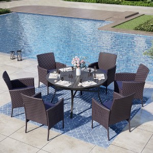 Captiva Designs 7pc Black Round Slatted Steel Table with Umbrella Hole & Cushioned Armrest Rattan Chairs - 1 of 4