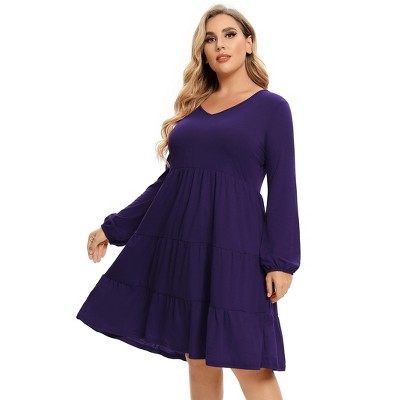 plus Size V-Neck Multi-Layered Ruffle Long Sleeve Dress