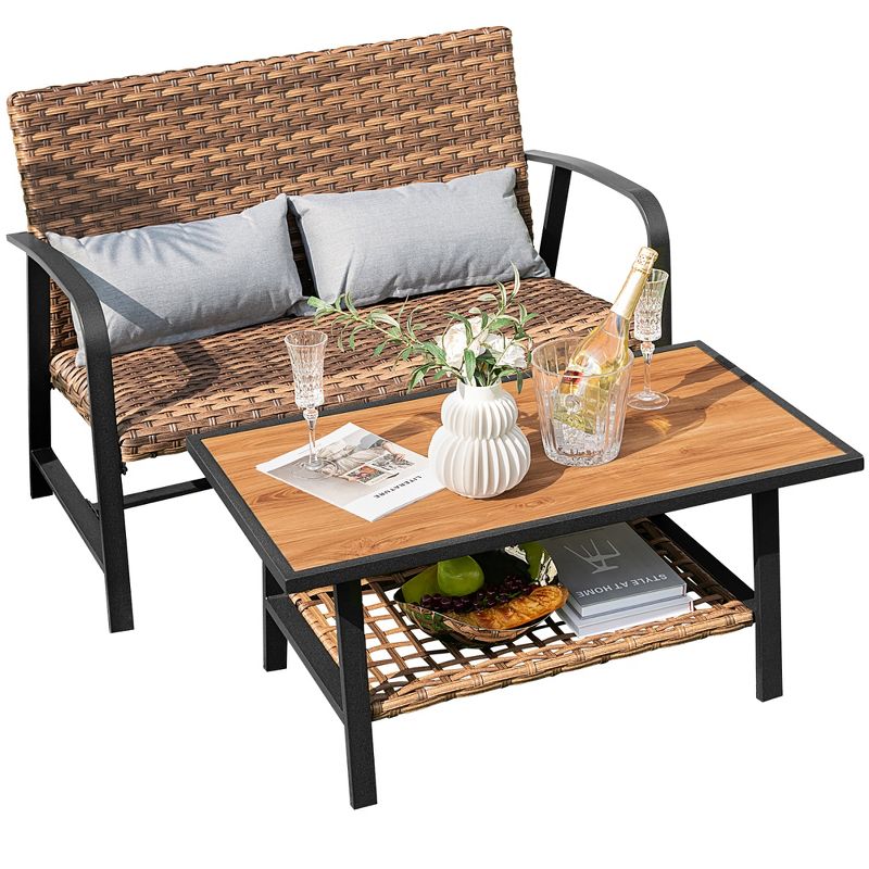 Costway 2 PCS Patio Rattan Loveseat  Coffee Table Set  Padded Back & Seat Pillow Quick Dry, 4 of 11