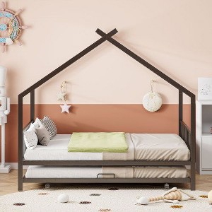 Full-Size Metal Frame House Bed with Included Twin Size Trundle Drawer - 1 of 4