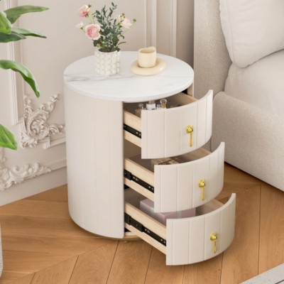 Modern Velvet Round Nightstand with 3 Drawers, Upholstered Bedside Table with Metal Handles for Bedroom or Living Room – The Pop Home