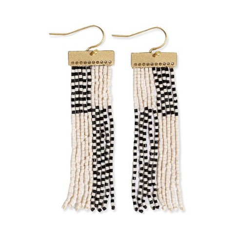 Trio Glass Bead & Fringe Necklace, Black