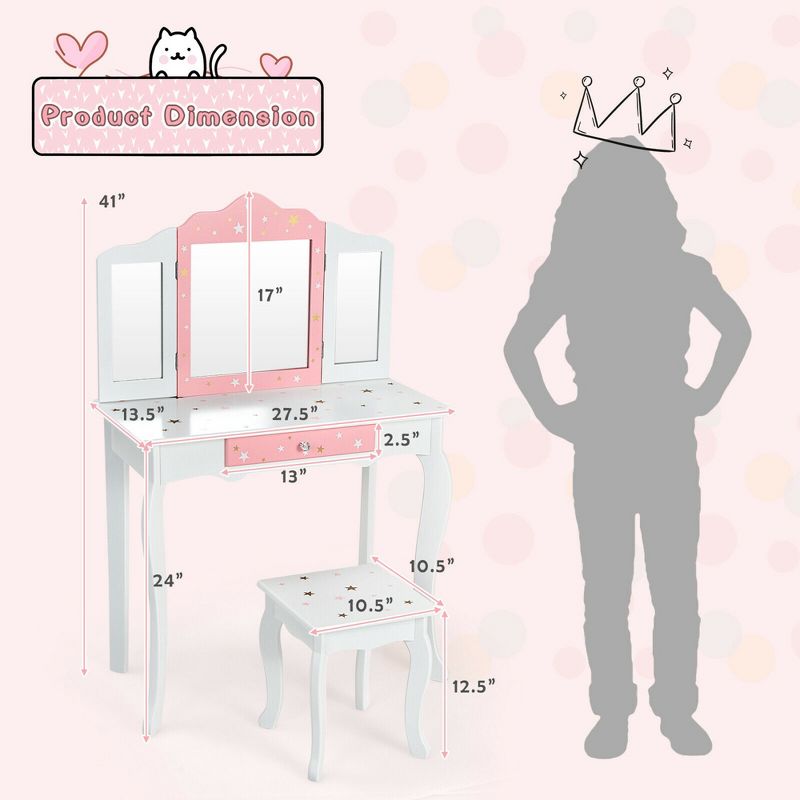 Costway Kids Vanity Princess Makeup Dressing Table Chair Set W/ Tri-folding Mirror, 3 of 11