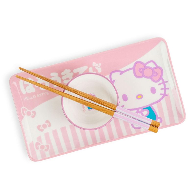 Silver Buffalo Sanrio Hello Kitty Pink 3-Piece Ceramic Sushi Set With Sauce Bowl and Chopsticks, 2 of 7