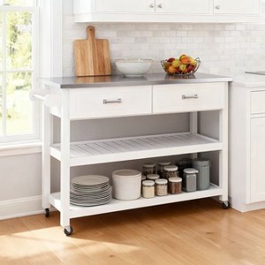 Homy Casa Kitchen Island with Stainless Steel Top, 2 Drawers, and Open Storage Shelves on Wheels for Kitchen or Dining Room, White - 1 of 4