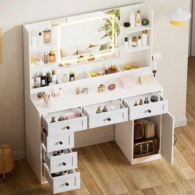 COMHOMA Makeup Vanity Desk with Mirror and Lights, Large Vanity Table with 6 Drawers & 1 Storage Cabinet