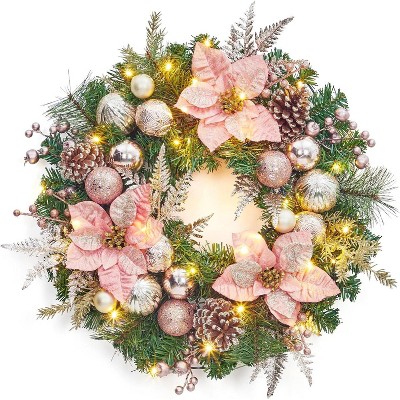 GAOMON Christmas Wreaths for Front Door, 22 Inch Large Outdoor Xmas Wreath with Lights, Lighted Holiday Wreath with Flowers
