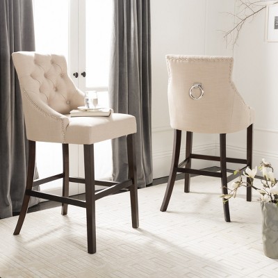 Eleni 45" Beige Linen and Metal Wingback Bar Stools, Set of 2
